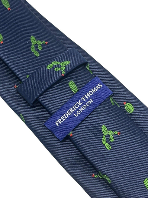 Navy dark blue tie with embroidered cactus design